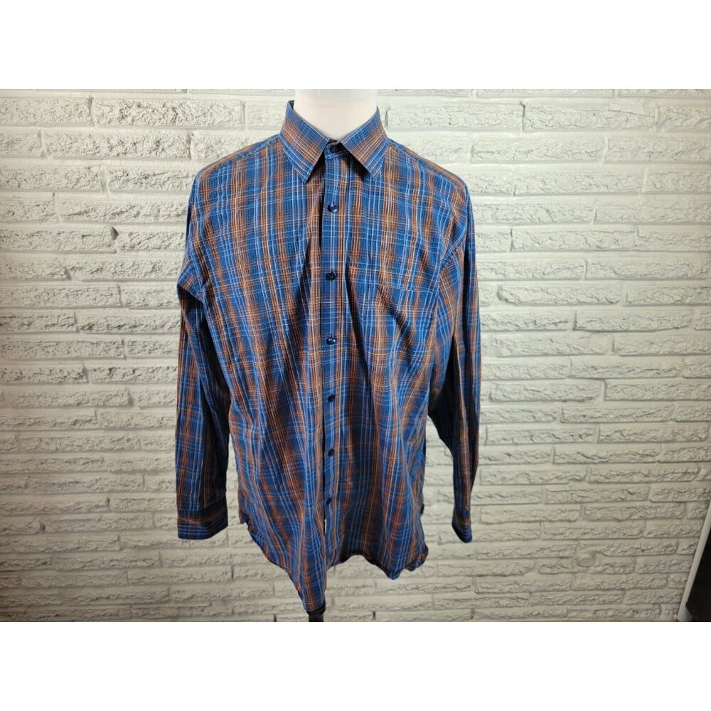 Johnston Murphy Mens Shirt XXL Long Sleeve Tailored Fit Blue Plaid Cotton PLA100